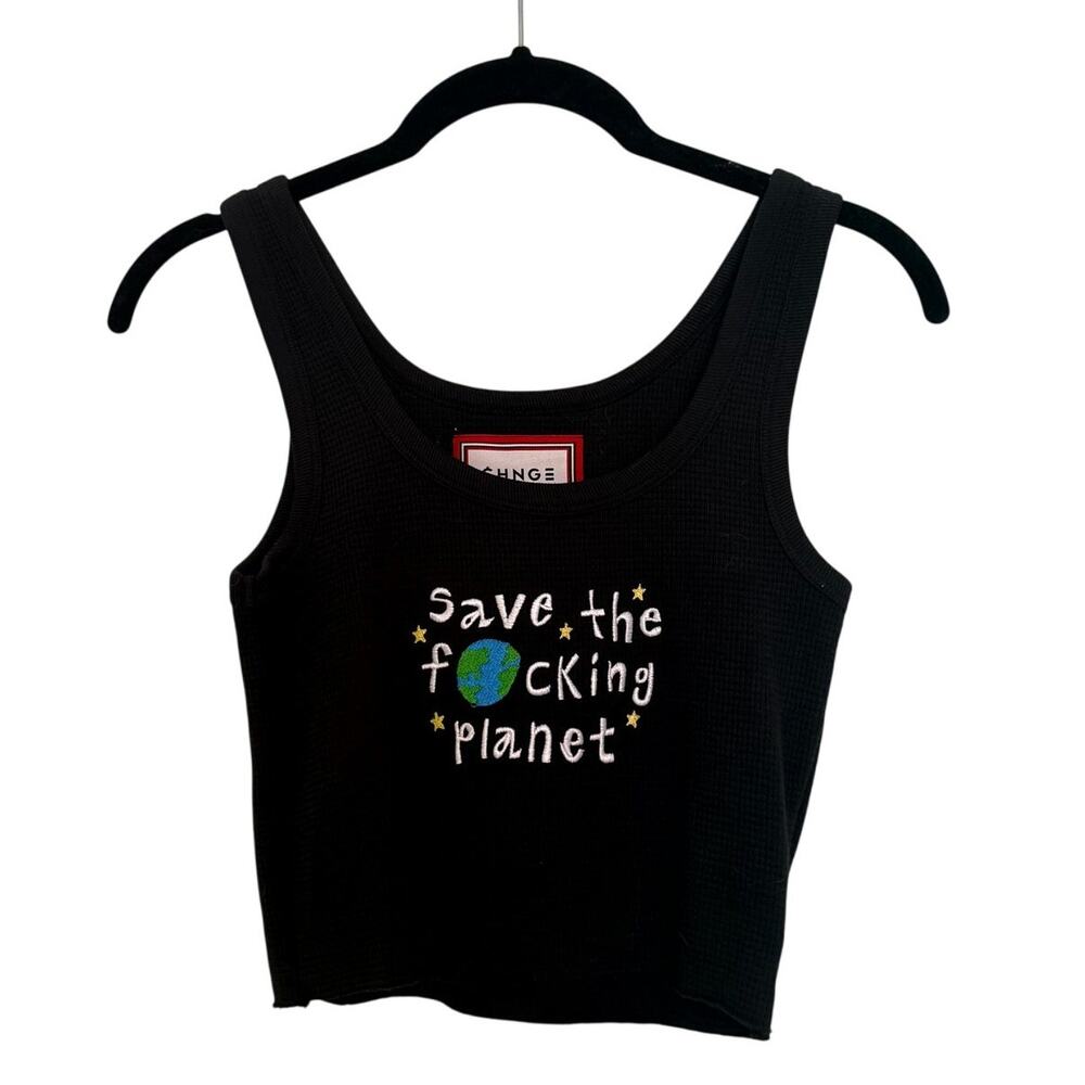 Chnge Save The Planet Tank Top Cropped Waffle Knit Cotton Embroidered Black XS